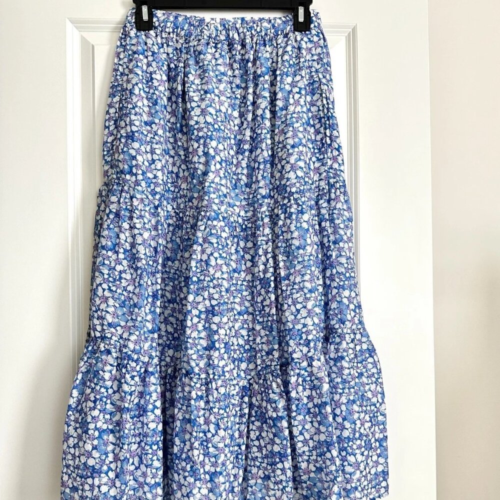 XIRENA Blue Floral Cotton Silk Blend High Low Midi Skirt Size S